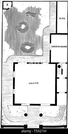 Villa de plan et jardin semi pour maison individuelle maison résidences dans un coin salon spacieux avec jardin vintage dessin ou engra Illustration de Vecteur