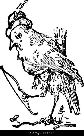 La mort et l'Enterrement de Robin cette scène montre un oiseau en chapeau et tenant arc et flèches portant au dos le dessin d'époque ou d'une gravure illustratio Illustration de Vecteur