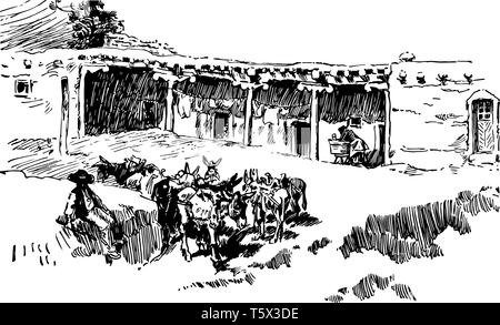 C'est une petite maison au Nouveau Mexique des États-Unis vintage dessin ou gravure illustration. Illustration de Vecteur