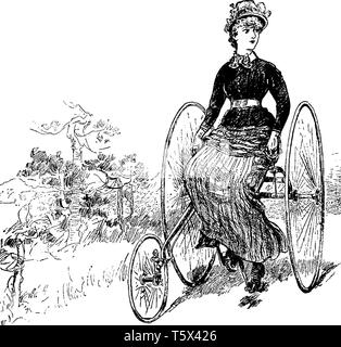 Cette illustration représente femme sur un tricycle et à par-dessus son épaule, vintage dessin ou gravure illustration. Illustration de Vecteur