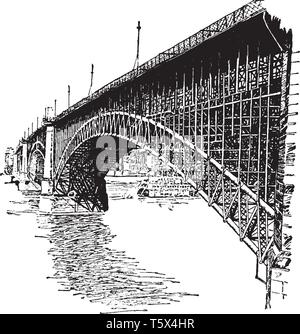 Pont érigé en 1874 Eads et chiffré autour de un million de dollars qui traverse le Mississippi à St Louis, vintage dessin ou gravure il Illustration de Vecteur