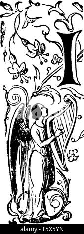 Une lettre capitale je avec un ange jouant de la harpe, vintage dessin ou gravure illustration Illustration de Vecteur