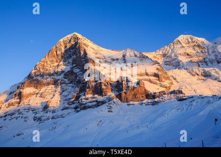 Lumière du soir sur la face nord de l'Eiger et le Mönch en hiver. Kleine Scheidegg, Oberland Bernois, Suisse (Suisse) Banque D'Images