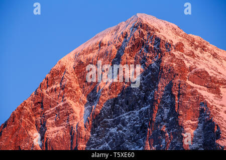 Alpenglow sur la 'White' araignée, face nord de l'Eiger en hiver. Kleine Scheidegg, Oberland Bernois, Suisse (Suisse) Banque D'Images