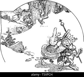 Les lapins cette scène montre le lapin dans une robe féminine pousser d'autres avec lapin dans la neige d'un autre lapin en arrière-plan ou dessin en ligne vintage Illustration de Vecteur