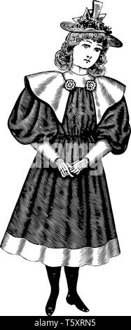 La fille a été Robe manches bouffantes, vintage dessin ou gravure illustration. Illustration de Vecteur