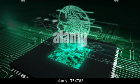 L'intelligence artificielle, l'apprentissage en profondeur et cerveau cybernétique concept avec tête de travail sur l'ia d'hologramme cpu en arrière-plan. 3d carte circuit illustratio Banque D'Images