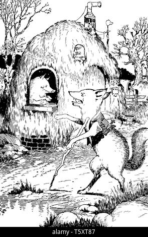 Le loup debout devant un foin de cochon à la cabane et au porc dans la fenêtre, vintage dessin ou gravure illustration Illustration de Vecteur