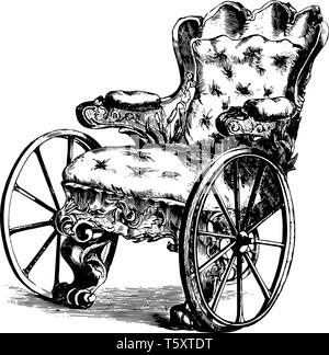 Conçu pour la mobilité en fauteuil roulant de malades a 2 grandes roues à l'avant et une petite roue à l'arrière, vintage dessin ou gravure illustratio Illustration de Vecteur