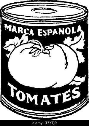 Les tomates en conserve sont les tomates pelées, traitées par la chaleur et scellé en métal avec couvercle, vintage dessin ou gravure illustration Illustration de Vecteur