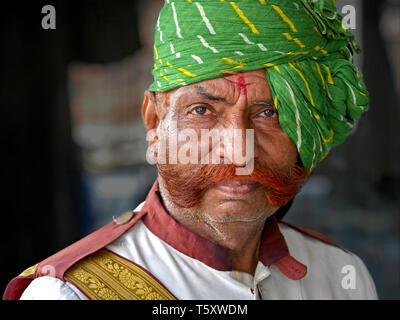 Garde de sécurité Indiennes âgées de henné du Rajasthan, teint en vert et les côtelettes de mouton amical turban Rajasthani (pagari) pose pour la caméra. Banque D'Images