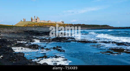 Vue sur plage à l'altitude de Château de Dunstanburgh, Northumberland, England, UK Banque D'Images