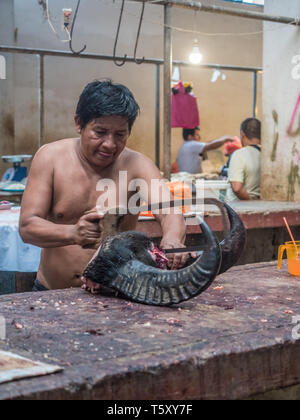 Iquitos, Pérou - 06 Décembre, 2018 : Marché avec divers types de viandes, poissons et fruits et. Marché de Belen. L'Amérique latine. Belén Mercado. Banque D'Images