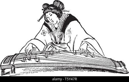 Koto ont 13 chaînes qui sont enfilés tautly à travers 13 ponts mobiles le long de la longueur de l'instrument, vintage dessin ou gravure illustrati Illustration de Vecteur