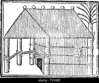 Hispaniola House qui est une île que Christophe Colomb débarqua sur en 1492, vintage dessin ou gravure illustration. Illustration de Vecteur