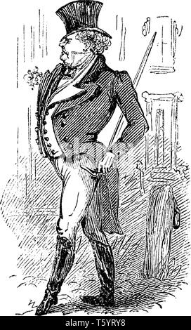 Un homme bien habillé en vêtements avec chapeau sur la tête, vintage dessin ou gravure illustration Illustration de Vecteur