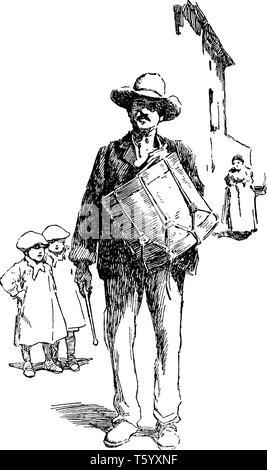 Un homme jouant un tambour sur la rue et les enfants le regarder, vintage dessin ou gravure illustration Illustration de Vecteur