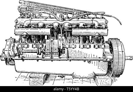 Vue de côté de la soupape de moteur Rolls Royce six cylindres utilisés pour enflammer le carburant dans le moteur à une tension élevée à l'aide d'une bougie d'écart, vintage line drawin Illustration de Vecteur