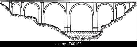 Alcantara Bridge est un pont en arc de pierre romain construit sur le Tage à Alcntara en Estrémadure, vintage dessin ou gravure illustration. Illustration de Vecteur