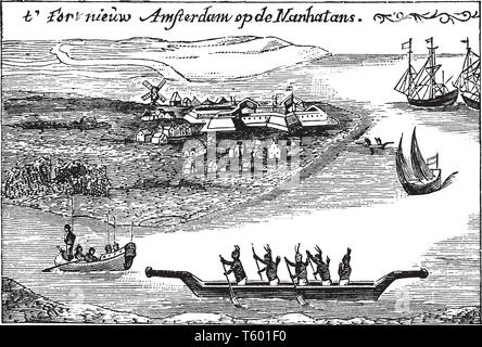New Amsterdam est un 17e siècle établissement néerlandais établi à la pointe sud de l'île de Manhattan, dessin ou gravure illustration. Illustration de Vecteur