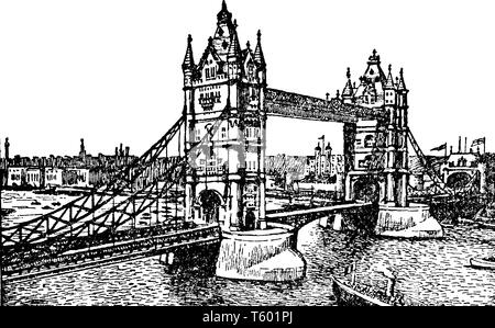 Le Tower Bridge est un pont suspendu et basculant combiné à Londres construit entre 1886 et 1894, vintage dessin ou gravure illustration. Illustration de Vecteur