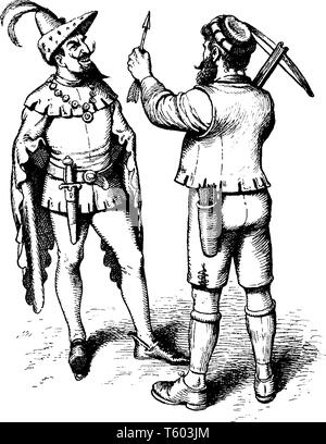 Deux hommes en vêtements de la Renaissance se parler, vintage dessin ou gravure illustration Illustration de Vecteur