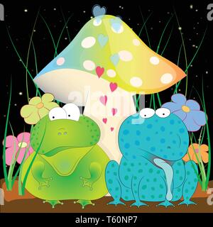 En vertu de grenouille et de crapaud le champignon. magic cartoon vector illustration. Illustration de Vecteur