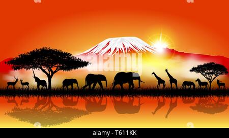 Silhouettes d'animaux sauvages de la savane africaine. Illustration de Vecteur