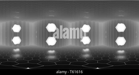 Map HDRI, résumé de l'environnement contexte panorama sphérique avec des formes hexagonales et feu vert, éclairage intérieur de rendu 3D (source image équirectangulaire Banque D'Images