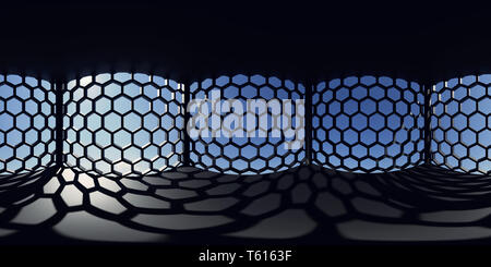 Environnement HDRI map, abstract background panorama sphérique, source de lumière de l'intérieur rendu avec motif hexagonal windows et ciel bleu (le rendu 3d) Banque D'Images