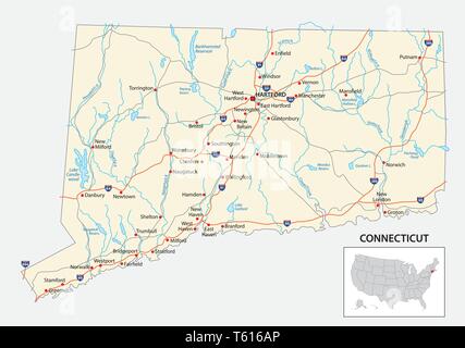 Carte routière de l'État américain du Connecticut, États-Unis Illustration de Vecteur