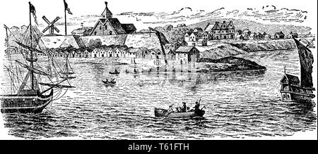 Colonie hollandaise à New Amsterdam,vintage dessin ou gravure illustration. Illustration de Vecteur