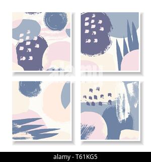 Un ensemble de quatre modèles de conception de carrés dessinés à la main, avec des formes abstraites et des textures. L'art moderne créative illustrations vectorielles, publications sur les réseaux sociaux, nouvelles Illustration de Vecteur