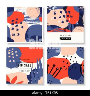 Un ensemble de quatre modèles de conception de carrés avec des formes et des textures florales abstraites. L'art moderne créative illustrations vectorielles, publications sur les réseaux sociaux, newslett Illustration de Vecteur