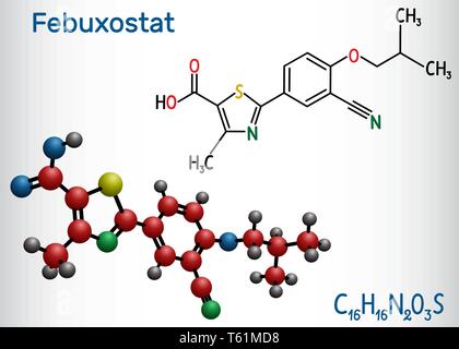 Le fébuxostat molécule. Formule chimique structurale et molécule modèle. Vector illustration Illustration de Vecteur