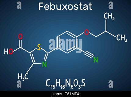 Le fébuxostat molécule. Formule chimique et structurale de la molécule modèle fond bleu foncé. Vector illustration Illustration de Vecteur