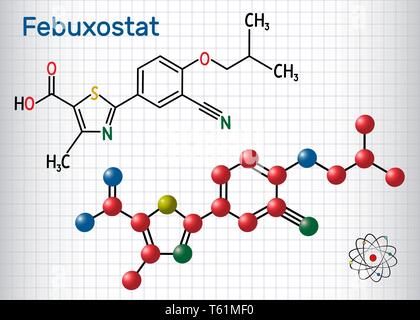 Le fébuxostat molécule. Formule chimique structurale et molécule modèle. Feuille de papier dans une cage. Vector illustration Illustration de Vecteur