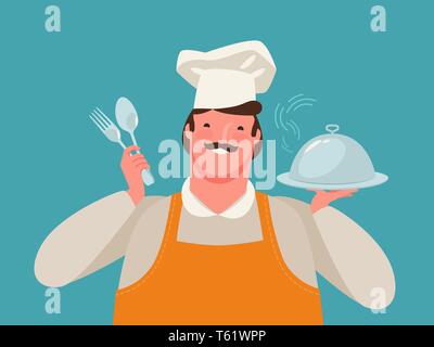 Happy chef tenant un plateau de nourriture. Restaurant, cartoon vector illustration Illustration de Vecteur