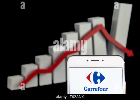 Hong Kong. Apr 20, 2019. Sur cette photo, l'illustration la multinationale française chaîne de supermarché, Carrefour, le logo est vu sur un appareil mobile Android avec un graphique montrant les pertes nettes dans l'arrière-plan. Budrul Chukrut Crédit : SOPA/Images/ZUMA/Alamy Fil Live News Banque D'Images