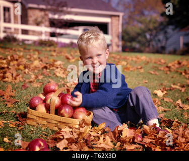 1960 garçon blond avec PANIER DE POMMES SITTING IN GRASS SCÈNE D'AUTOMNE - KH1741 HAR001 HARS 1 cour juvénile blonde de style du visage heureux JOIE MAISONS MAISONS RURALES ACCUEIL SANTÉ NATURE VIE COPIE espace résidentiel de mi-longueur HOMMES BÂTIMENTS POMMES BONHEUR EXPRESSIONS EXCITATION AVENTURE saison automne feuillage HOMES RÉSIDENCE JOYEUX SOURIRES juvéniles de l'origine ethnique caucasienne saisonnière Har001 old fashioned Banque D'Images