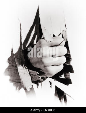 1930 hommes de main symbolique À TRAVERS LE BOIS DE BOXE POING WALL - s10951 HAR001 HARS GRÈVE PUISSANTE AUTORITÉ NON CLASSIQUE LOUFOQUES PUNCHING CONCEPT CONCEPTUEL CLOSE-UP ÉCHAPPER VIOLENT FORCE SYMBOLIQUE IDIOSYNCRASIQUES WACKY CONCEPTS AMUSANTS MI-EXCENTRIQUE DES PROFILS MID-ADULT MAN DIVERS NOIR ET BLANC DE L'ORIGINE ETHNIQUE CAUCASIENNE MAINS IRRÉGULIÈRES QUE HAR001 old fashioned représentation scandaleuse Banque D'Images