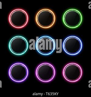 Boutons de couleur définie. Neon circle avec effet de lumière. Illustration de Vecteur