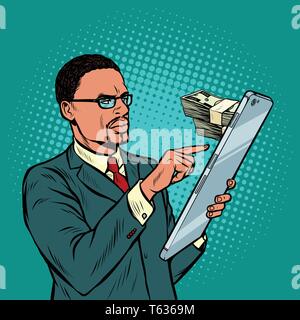Services bancaires en ligne. change, revenus et achats. african businessman et smartphone à grand écran Illustration de Vecteur