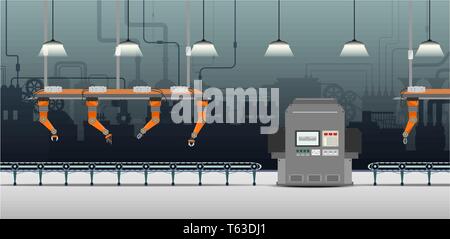 Factory Automation avec bras robotisés, linge et courroie transporteuse modèle plat vector illustration Illustration de Vecteur