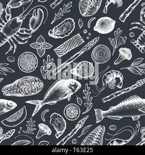 Les fruits de mer et poissons modèle transparente. Hand drawn vector illustration sur tableau. Peut être utilisé pour la conception, l'emballage, des recettes menu, étiquette, le marché aux poissons, Illustration de Vecteur