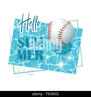 Bonjour l'été. La surface de l'eau solaire avec une balle de baseball et gouttes d'eau. Vue de dessus. Vector illustration. Illustration de Vecteur