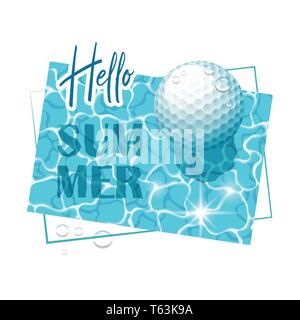 Bonjour l'été. La surface de l'eau solaire avec une balle de golf et gouttes d'eau. Vue de dessus. Vector illustration. Illustration de Vecteur