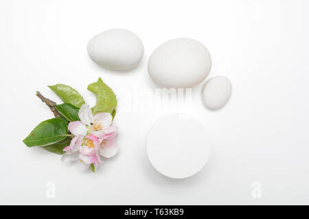 Produit de beauté contenant avec fleurs et nature Banque D'Images