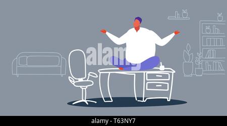 Fat Man freelancer assis sur la table de travail lotus poser 24 Obésité business man en gardant calme méditation yoga bureau concept croquis de l'intérieur Illustration de Vecteur