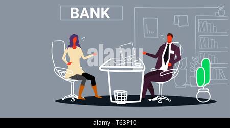 Spécialiste en services d'hommes discutant avec female client consultant financier directeur de banque assis à 24 en milieu de travail et leur donner des conseils d'experts-conseils Illustration de Vecteur